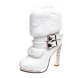 Winter Shoe Modern Boots Fashion Ladies Party Ankle Botas Warm Fur Super High Heels 10cm White 240117