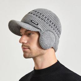 Ball Caps Men's Knitted Baseball Hat With Earflap Insulation Warm Fur Lined Skullies Beanies British Style Riding Woollen Pile Bonnet