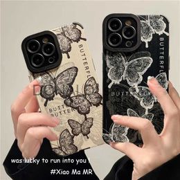 Cell Phone Cases Fashion Retro Butterfly Leather iPhone Case For iPhone 15 Pro Max 14 13 12 11 XS XR 7 8 Plus Luxury Silicone Shockproof Cover J240118