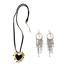 Necklace Earrings Set Eye Catching Exaggerated Black Heart Chandelier Fringe Earring Punk Jewellery For Women Clavicle Chain