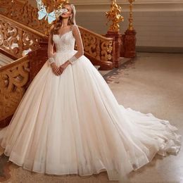 White Wedding Dresses Ivory Bridal Gowns Formal Tulle Beaded Custom Zipper Lace Up Plus Size New Long Sleeve Sweetheart Sweep Train Sequins