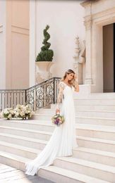 V-neck Long Sleeve Chiffon Wedding Dresses Beach Court Train Applique Wedding Gown