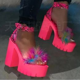 Woman Furry Sandals High Heels with Fur Female Platform Pump Ankle Strap Women's Wedge Shoes Summer 240117