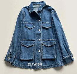 Woman Blue Washed Denim Jacket Front Multi Pockets Shirt Collar Lined Buttons Long Sleeved Oversized Coat 240117