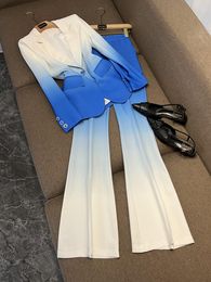 2024 Spring Blue Gradient Color Two Piece Pants Sets Long Sleeve Notched-Lapel Single-Button Blazers Top + Flare Trousers Pants Set Two Piece Suits O4J152766