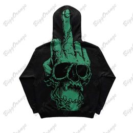 Men's Hoodies Sweatshirts Black Zipper Quality Dark Skull Style Hoodie Green Pattern Letter Sweater y2k Casual High Street Sweater for Men and Women topyolq