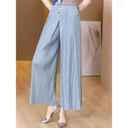 Women's Pants GGHK Pleated Solid Colour Women Fall Comfortable And Casual Single-button Design High-waisted Thin Wide-legged