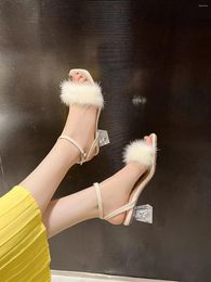 Sandals Mao Summer Style White Mink Hair Straight Line With Transparent Crystal Heels Thick High