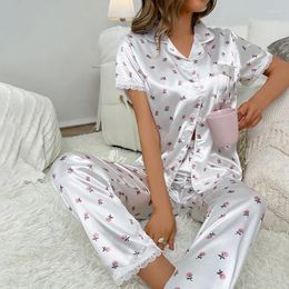 Women's Sleepwear Womens Silk Satin Pajamas Set Short Sleeve Top With Pants Two-piece Pajama Sets V-Neck Female Loungewear Button Pyjama