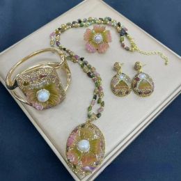 Natural Tourmaline Stone Flower Set With Pearl Four Pieces Of High-end Luxury Women's Banquet Jewelry