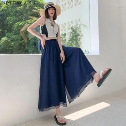Women's Pants Korean Summer Chiffon Wide Leg High Waist Casual Trouser Skirt Female Elegant Fashion Vintage Slacks Straight Pantalon