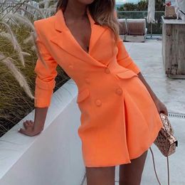 Women's Suits Blazers Autumn Orange Office Lady Blazer Lapel Long Sleeve Flap Pockets Double Breasted Mid-Length Formal Women Suit Coat OuterwearL240118