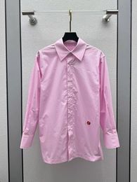 Women's Blouses designer Retro lapel style shirt pink blue commuting apple embroidery shirt for women
