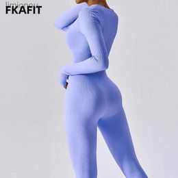 Active Sets Women Yoga Jumpsuits One Piece Workout Ribbed Long Sleeve Rompers Square Neck Sport Exercise Bodysuits Gym SportswearL240118