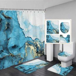Shower Curtains Blue Marble Shower Curtain and Rug For Bathroom Set Abstract Painted Modern Bathroom Decor Carpet Non-Slip Bath Mat Toilet Seat