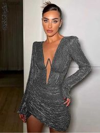 Women's Blouses Shirts Sequins Party Dresses Long Sleeve Bodycon Dress Women Deep V Neck Black Mini Shirts Dress Autumn Winter Sexy Club Glitter Dress YQ240118