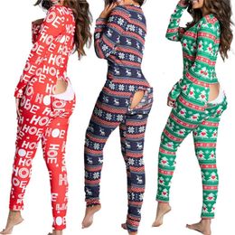 Christmas Print Sexy Pajama Women Jumpsuit Casual Long Sleeve Pyjama Button-down Front Functional Buttoned Flap Female Sleepwear 240117