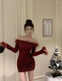 Casual Dresses 2024 Spring And Winter Women Sexy Slash Neck Fur Slim Knit Dress Temperament Wrap Hip Short Sequined