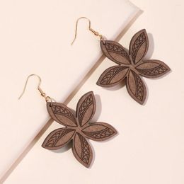 Dangle Earrings Women Solid Wood Flower Petal Carved Pendant Classic Brown Jewellery Vintage Earwear Gift