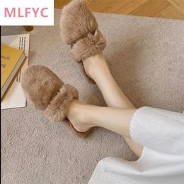 Mao Tuo Baotou Women's Outerwear Flat Bottom Belt Button Fashion Muller Shoes Rabbit Hair Cotton Slippers 240118