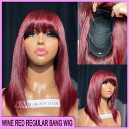 Brazilian Indian Peruvian No Lace 100% Remy Raw Human Hair 99J Silky Straight Regular Bang Short Bob Wig