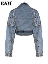 EAM Loose Fit Blue Denim Rivet Short Cool Jacket Lapel Long Sleeve Women Coat Fashion Spring Autumn 2024 1DE828105 240117