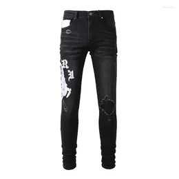 Men's Jeans Blue Black Letters Embroidered Pants Slim Distressed Ripped Holes Skinny Streetwear Style Stretch