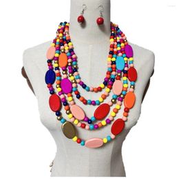 Necklace Earrings Set Europe And America Ethnic Women Bohemia Handmade Wood Beads Multi Layer Sweather Drop