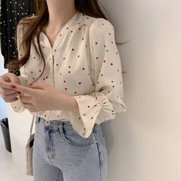 Spring Women Chiffon Shirt Korean Fashion Long Sleeve White Shirts Women Streetwear Office Blouse Elegant Lady Heart Print Tops 240117