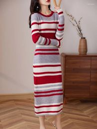 Casual Dresses 2024 Autumn Winter High Elasticity Wool Sweater Dress Women Fashion Warm Slim Female Striped Knit Pullover