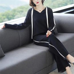 Women's Two Piece Pants Autumn Winter Tracksuit Knitted Women Long Sleeve Hooded Wool Sweater Pullovers Loose Straight Set Sets 5083