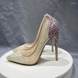 Dress Shoes Glitter Sequined Women Gauze Mesh Pointy Toe High Heel Bling Rhinestones Wedding Party Slip On Stiletto Pumps
