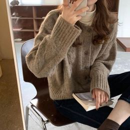 Women's Knits French Style Solid Single Breasted Knitted Coat Vintage Long Sleeve Twists Sweater Women Cardigan Autumn O-neck Loose Tops