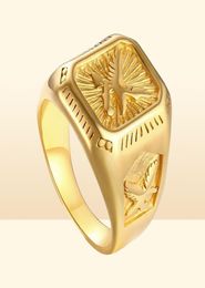 fashion Mens Eagle Ring Gold Tone Stainless Steel Square Top with Rays Signet Ring Heavy Animal Band243K9478563