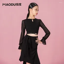 Stage Wear Children's Latin Dance Suit Long Mesh Sleeves Top Irregular Skirt Kids Competition Professional Practice L22361