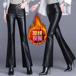 Women's Pants Leather Winter High Waist Plush Bell-bottoms Slim Korean Casual Skinny Pu Flared Trousers