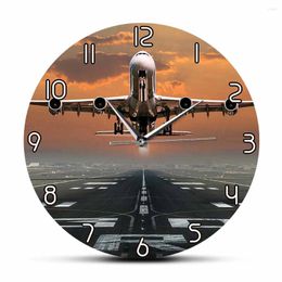 Wall Clocks Aeroplane Jet Plane Airport Runway Sunset Landing Modern Clock Pilots Home Decor Two Storeys Commercial Jetliner Watch