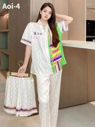 Women's Sleepwear Fashion Ice Silk Pajamas 2024 Spring Summer Internet Short-Sleeved Printed Casual 3-Piece Outfit Home Clothes