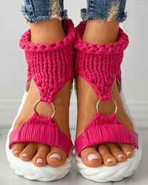 Sandals Women Fashion Sexy Beach Wear Flat Shoes Solid Colour Braided Knit O-Ring Cutout Platform Plus Size 35-42