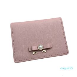 Women Designer Wallets Three Colours Pearl Bow Purse Leather Card Holders Sweet Girl Wallet Large Capacity