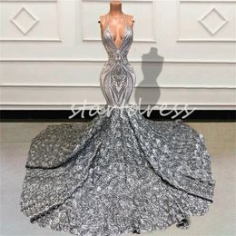 Gorgeous Silver 3D Florals Prom Dress 2024 Sexy Halter Deep V Neck Mermaid Sequin Evening Gowns Backless Fishtail Black Girls Formal Birthday Dress Vestios De Noche