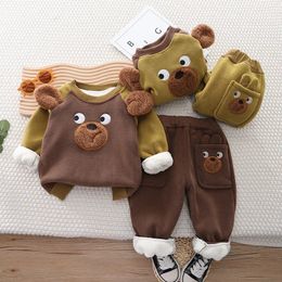 Autumn Winter Children Boy 2PCS Clothing Set Spliced Cartoon Bear Pullovers Velvet Thick Pant Kid Boy Outfit Baby Boy Suits 240117