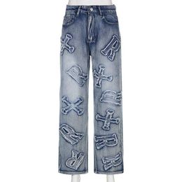 Women's Streetwear Blue Letter Embroidery High Waist Y2k Korean Style Hip Hop Straight Denim Boyfriend Jeans for Women Trousersephemeralew