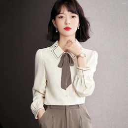 Women's Blouses Women Elegant Shirt Long Sleeve Bow Tie Lapel Korean Style Casual Loose Office Lady Apricot Button Blouse Tops Spring Fall