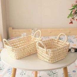 Plates Handmade Straw Storage Basket Corn Husk Fruit Sundries Organiser Plant Box Flower Pot With Handle