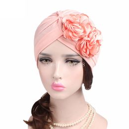 New Two Large Flowers Headscarf And Hat Multicolor Women Wrap Head Turban Fashion Solid Colour Dacron Indian Cap Cancer Chemo Hat