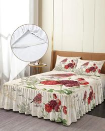 Bed Skirt Vintage Letter Red Bird Flower Retro Elastic Fitted Bedspread With Pillowcases Mattress Cover Bedding Set Sheet