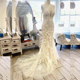 Spaghetti Straps Glitter Crystal Mermaid Wedding Dresses V-Neck Sleeveless Appliques Lace Boho Country Bridal Gowns 326 326