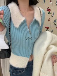 Camisolas femininas Moda 2022 Inverno elegante com zíper de zíper de pêlo falto de pêlo de malha de pêlo de malha projetar ladra de escritório casual y2k tops coreanyolq