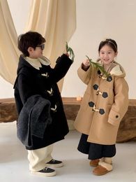 Coat Korean Autumn Winter Baby Girl Woollen Cotton Velvet Horn Button Outerwear Loose Solid Hooded Toddler Jackets